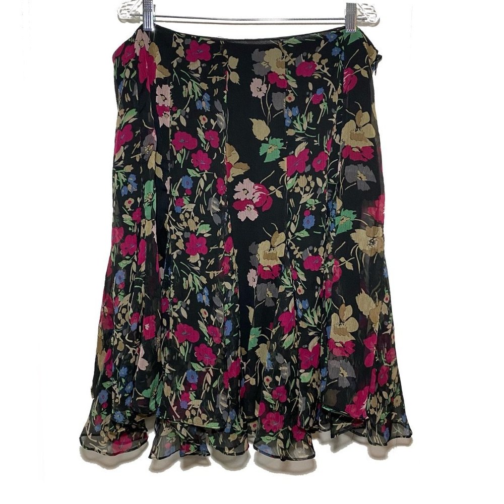 Lauren Ralph Lauren Sheer Floral Pleated A-Line Flare Skirt Plus Size 18W Black